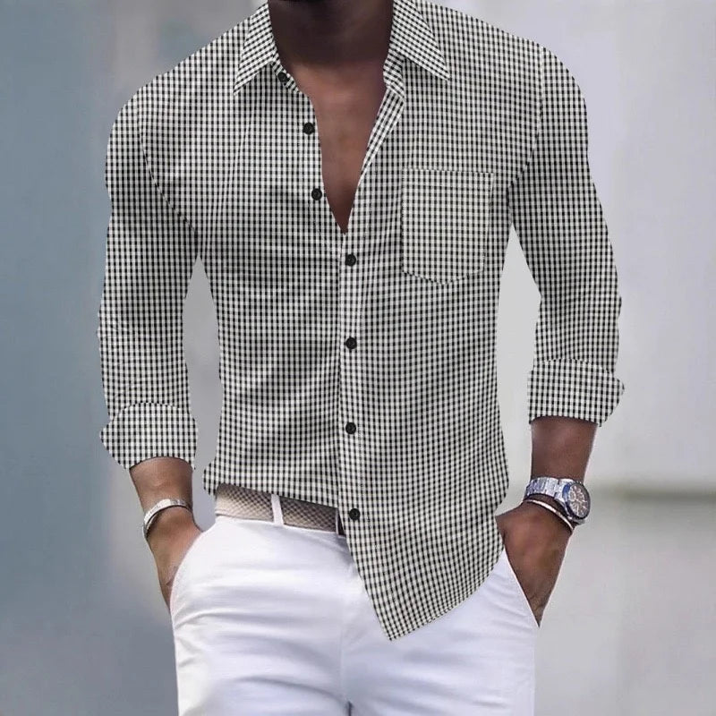 13-color men's shirt, light blue and white checkered long-sleeved shirt, slim fit, casual, business and commuting men's top.