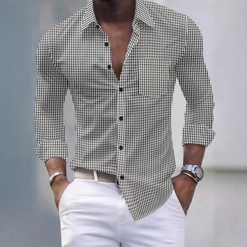 13-color men's shirt, light blue and white checkered long-sleeved shirt, slim fit, casual, business and commuting men's top.