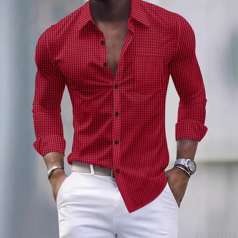 13-color men's shirt, light blue and white checkered long-sleeved shirt, slim fit, casual, business and commuting men's top.