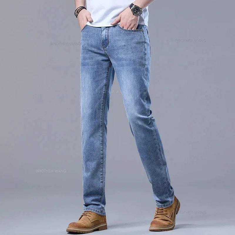 2026 Spring Summer Men's Slim Jeans Stylish Casual Stretch Fabric Denim Pants Classic Trousers Smoke Gray Plus Size 40