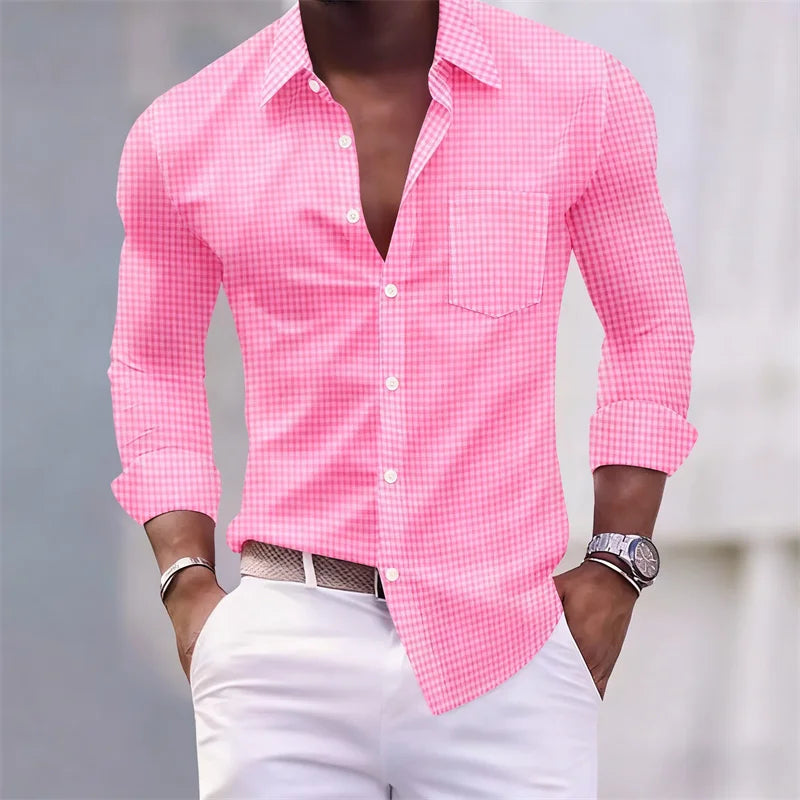13-color men's shirt, light blue and white checkered long-sleeved shirt, slim fit, casual, business and commuting men's top.