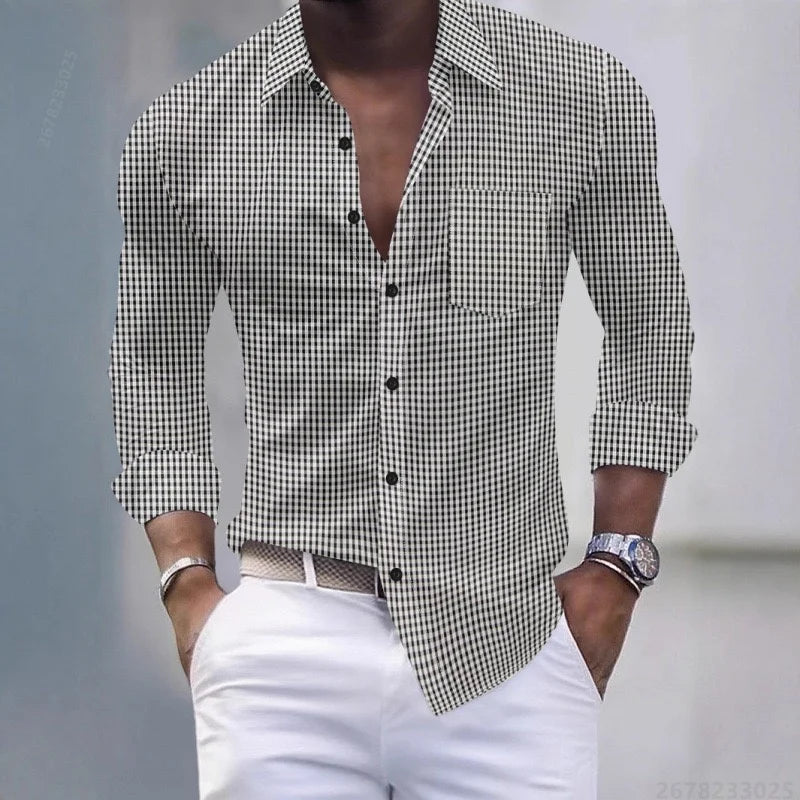 13-color men's shirt, light blue and white checkered long-sleeved shirt, slim fit, casual, business and commuting men's top.