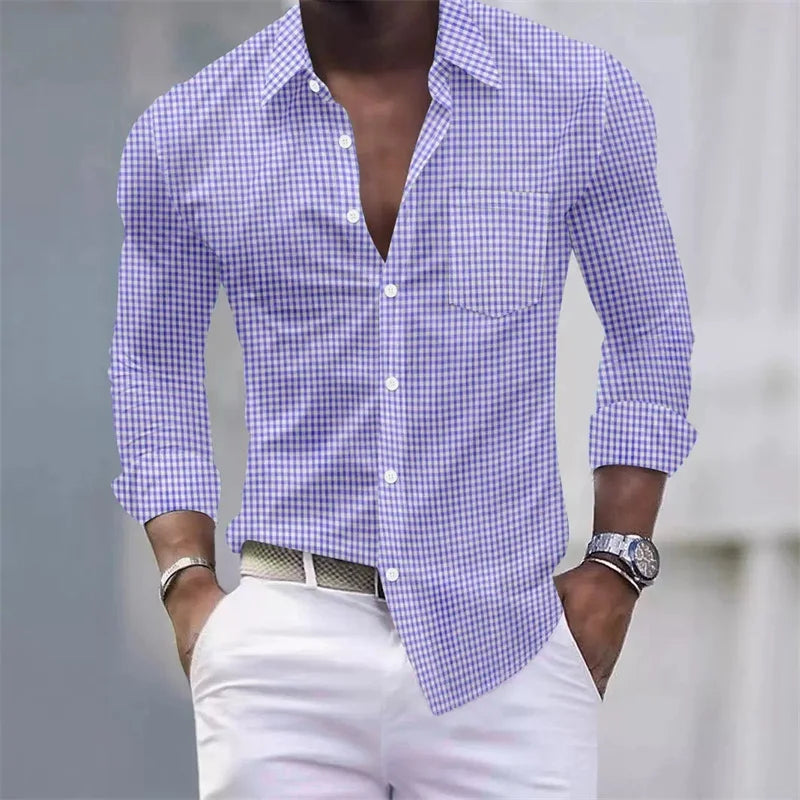 13-color men's shirt, light blue and white checkered long-sleeved shirt, slim fit, casual, business and commuting men's top.