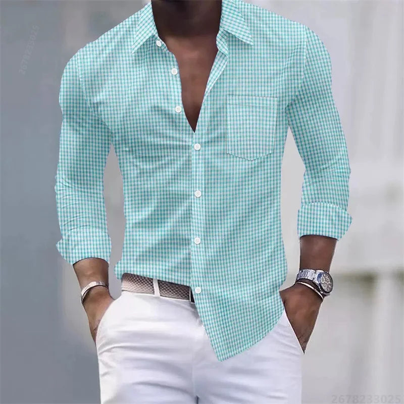 13-color men's shirt, light blue and white checkered long-sleeved shirt, slim fit, casual, business and commuting men's top.