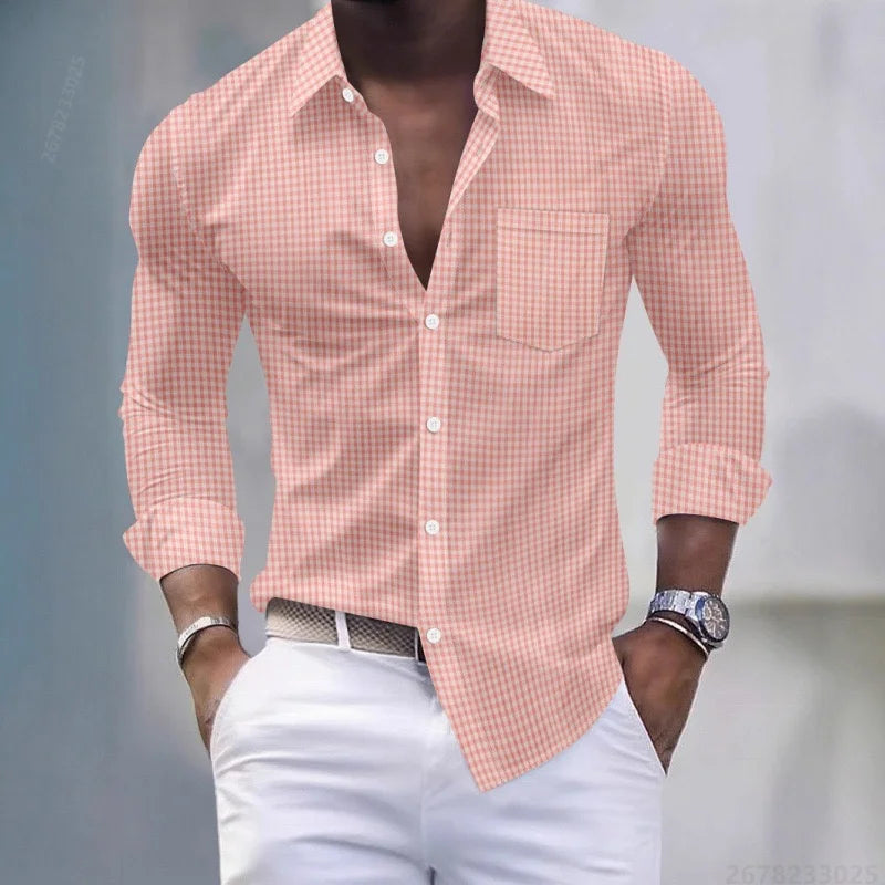 13-color men's shirt, light blue and white checkered long-sleeved shirt, slim fit, casual, business and commuting men's top.