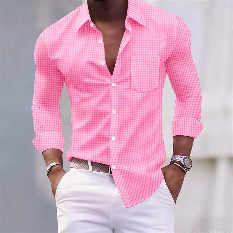 13-color men's shirt, light blue and white checkered long-sleeved shirt, slim fit, casual, business and commuting men's top.