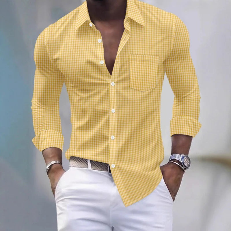 13-color men's shirt, light blue and white checkered long-sleeved shirt, slim fit, casual, business and commuting men's top.