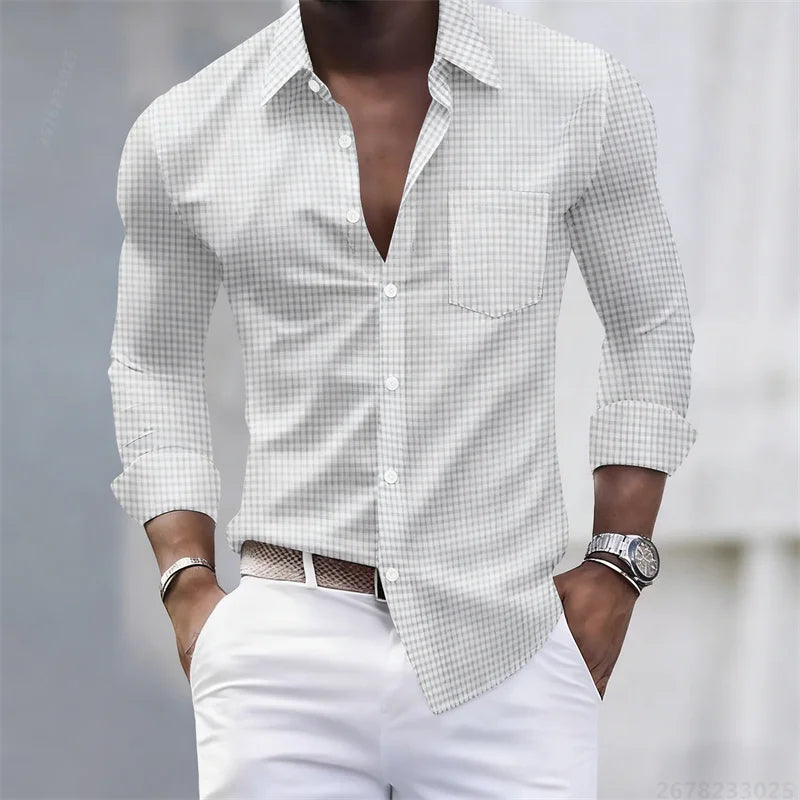 13-color men's shirt, light blue and white checkered long-sleeved shirt, slim fit, casual, business and commuting men's top.