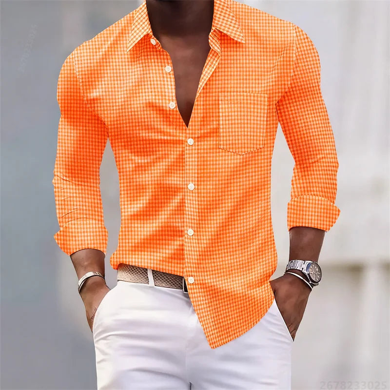 13-color men's shirt, light blue and white checkered long-sleeved shirt, slim fit, casual, business and commuting men's top.