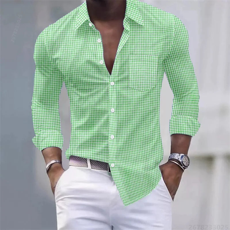13-color men's shirt, light blue and white checkered long-sleeved shirt, slim fit, casual, business and commuting men's top.