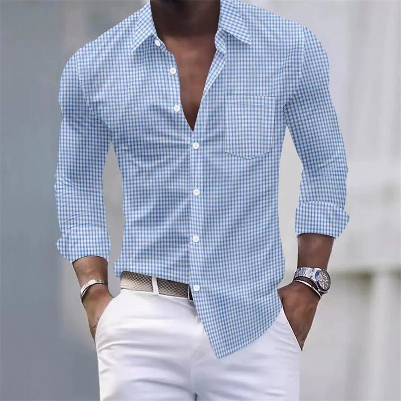 13-color men's shirt, light blue and white checkered long-sleeved shirt, slim fit, casual, business and commuting men's top.